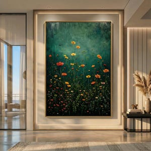 Moody Dark Green Floral Wall Art: Vintage Wildflower Canvas or Poster. Emerald Green Botanical Meadow Print, Dark Academia Aesthetic Decor