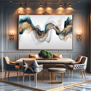 Puede incluir: Impresión de arte abstracto enmarcada con elementos fluidos turquesa, negro y dorado. La obra de arte está sobre una mesa de comedor con sillas de cuero. La habitación tiene un diseño moderno con detalles dorados y suelo de mármol.