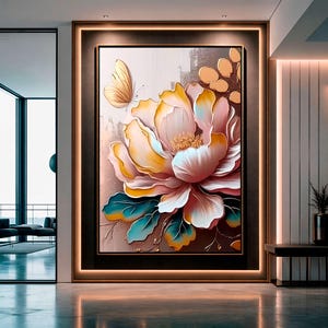 Elegant Pink Peony Canvas Wall Art, Luxury Gold Accents Floral Print, Modern Botanical Flower Mural, Above Bed Decor, Large Statement Poster