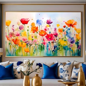 Väggkonst med livfull vildblommande äng, färgglad akvarellblommig kanvas, stort horisontellt ängstryck, vårträdgårdsdekor, blommigt barnrum
