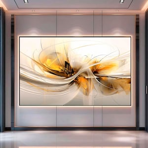Amber and Gold Fluid Lines Abstract Art, Large Horizontal Modern Canvas, Luxury Amber Flow Painting, Contemporary Office Wall Decor, Poster