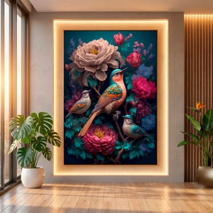Luxury Colorful Birds and Flowers Art, Modern Botanical Floral Canvas, Large Vibrant Nature Poster, Boho Chic Wall Decor, Exotic Bird Print