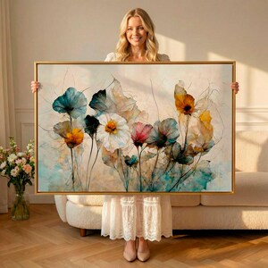 Ethereal Translucent Floral Wall Art, Large Watercolor Wildflower Print, Oversized Canvas or Poster