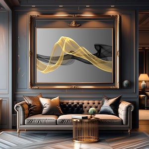 Puede incluir: Una gran obra de arte enmarcada con ribete dorado presenta formas abstractas fluidas en oro y negro sobre un fondo gris. Debajo, un sofá de cuero capitoné con cojines se encuentra en una habitación con paredes grises oscuras y suelo estampado.