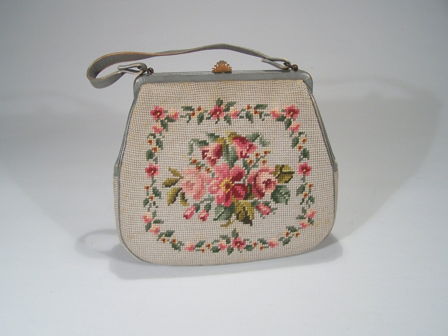 Needlepoint Bag Light Grey Background with Roses Leather Etsy