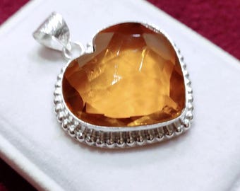 Natural Yellow Citrine Heart Pendant, Sterling Silver Gemstone Jewelry, November Birthstone