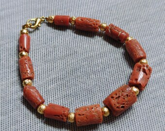 Bracelet Perles Corail Rouge Italien Naturel - Réglable, Laiton, 31 Carats