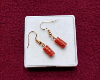 Natural Italian Red Coral Dangle Earrings, Boho Brass Gemstone Jewelry