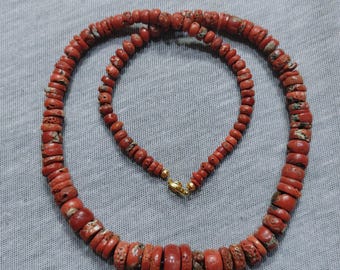 Collar de coral rojo de latón, hecho a mano, de 63 cm: joyería italiana vintage con piedras preciosas