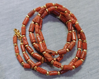 38 Inch Log Handmade Orange Coral Brass Necklace: Vintage Italian Gemstone Jewellery