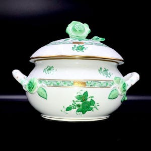 Herend, Hungary - Artwork Tureen with Rose Knob Lid and Handles - “Chinese Bouquet Apponyi Green “ - Hand Painted Porcelain