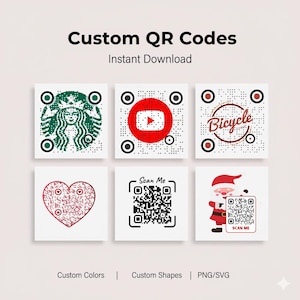 Può includere: Immagine promozionale che mostra codici QR personalizzati. L'immagine presenta sei codici QR con vari design, tra cui un logo Starbucks, un pulsante di riproduzione di YouTube, una grafica di bicicletta, un cuore e un Babbo Natale. Il testo include "Custom QR Codes", "Instant Download", "Custom Colors", "Custom Shapes" e "PNG/SVG".