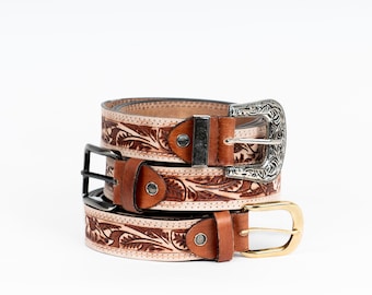 Tooled Leather Belt – Natural Cowhide – Floral Engraving – Choose Your Buckle – Western, Classic, or Gold