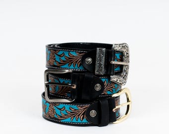 Turquoise Floral Tooled Leather Belt: Genuine Cowhide, Western Buckle Choice