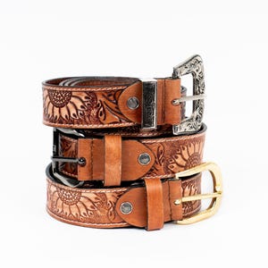 Tooled Natural Leather Belt – Sunflower Design – Western Style – Choose Your Buckle