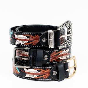 American Indian Style Genuine Leather Belt – Hand-Tooled & Painted – Choice of Premium Buckle Styles