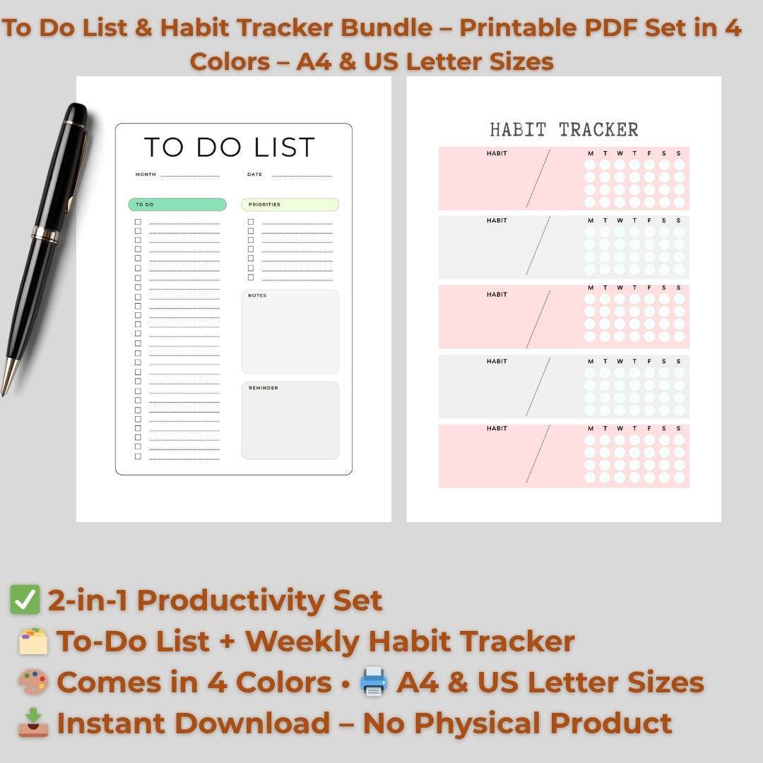 To Do List & Habit Tracker Printable – Productivity Planner Bundle – 4 ...