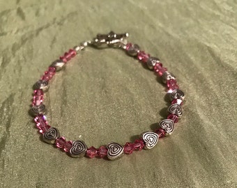 Swarovski Crystal, Silver Plated heart, Beaded Bracelet