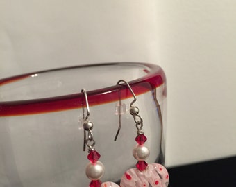 Red &White Millefiori Heart Earrings with Swarovski Crystals and Pearls