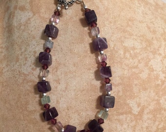 Amethyst, Rainbow Fluorite, SS, and Swarovski Crystal Bracelet