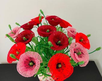 Handgemachter französischer Mohnblumenstrauß, 15 Blumen, 40 cm Höhe