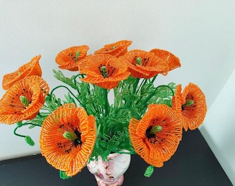 Französischer perlenbesetzter oranger Mohnstrauß, künstliches Blumenarrangement