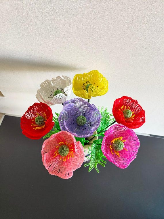 フレンチビーズのポピーフラワー：手作り造花アレンジメント - Etsy 日本