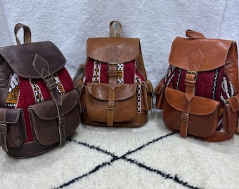 Handmade Tooled Leather Kilim Brown Backpack Women’s Chuspita Moroccan Moroccan Leather and Vintage Kilim Backpack, Handmade in  main image 3