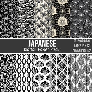 Peut inclure: Un ensemble de papiers numériques japonais en noir et blanc. Les motifs comprennent des formes géométriques, des éventails et des motifs floraux. Le texte de l'image indique "JAPANESE Digital Paper Pack" et "56 PNG DIGITAL PAPER 12 X 12 COMMERCIAL USE."