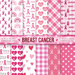 47 Breast Cancer Awareness Digital Papers, Pink Ribbon Seamless Digital Patterns, posters, invitations, stickers, Digital Download