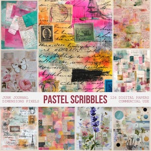 May include: A collage of digital papers with a pastel color scheme. The papers feature vintage stamps, handwritten script, floral elements, and abstract designs. The text "PASTEL SCRIBBLES" is displayed prominently.