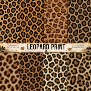 Pode incluir: Uma coleção de oito padrões distintos de estampa de leopardo com vários tons de marrom, bege e manchas pretas. Um banner horizontal central exibe o texto LEOPARD PRINT, DIMENSIONS 5016 X 5016 PX e 19 DIGITAL PAPERS.
