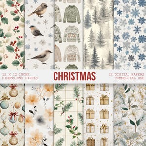 Könnte beinhalten: Eine Sammlung digitaler Papiere mit Weihnachtsmotiv. Die Papiere zeigen verschiedene Muster, darunter Vögel, Pullover, Schneeflocken und florale Designs. Die Farbpalette umfasst Grün-, Blau- und Beigetöne. Der Text "CHRISTMAS" ist prominent dargestellt.