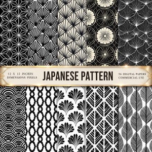 Op de afbeelding: Een collectie van 56 digitaal papier met zwart-witte geometrische en florale patronen. Een centrale banner toont de tekst JAPANESE PATTERN, 12 X 12 INCHES, DIMENSIONS PIXELS en COMMERCIAL USE. De ontwerpen bevatten waaiers, cirkels en bladeren.