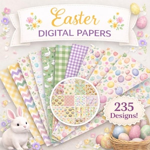 イースターバニーデジタルペーパーメガバンドル、パステルバニーパターン、水彩画用紙、ジャンクジャーナル商用利用、ギフトラップ、デジタルダウンロード