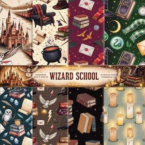 Może przedstawiać: Cyfrowa kolekcja papierów zatytułowana WIZARD SCHOOL zawierająca wzory zamków, pociągów parowych, sów, ksiąg zaklęć, kociołków, różdżek, listów, szalików, węży i świec. Zestaw zawiera 34 wzory o rozdzielczości 4096 x 4096 px.