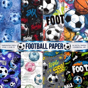 Può includere: Una collezione di 38 carte digitali con vari design di palloni da calcio, testo in stile graffiti e motivi a tema sportivo. Le immagini includono tavolozze di colori blu, nero e bianco con elementi testuali come FOOT e GOAL TIME.