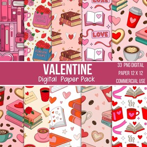 Puede incluir: Un paquete de papel digital con temática de San Valentín. El diseño incluye libros, corazones, tazas de café y rosas en tonos rosa, rojo y marrón. El texto "VALENTINE Digital Paper Pack" se muestra de forma destacada.