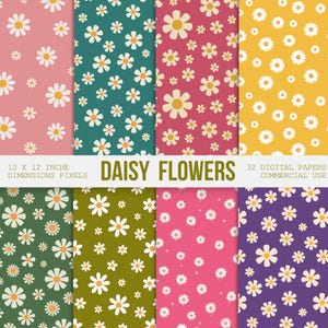 Daisy Digital Papers, Daisies Digital Paper, Floral Scrapbook Paper, Daisy Flower Patterns Design, Junk Journal, Digital Download