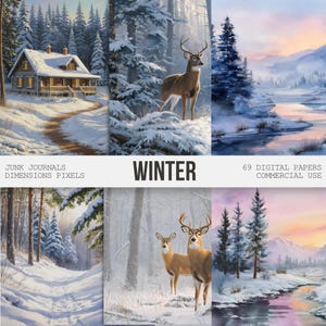 60+ Aquarell Winter Wald Landschaft Digitale Papiere, Schnee Wald Hintergrund, Winter Junk Journal Papier, Digitales Scrapbook Papier