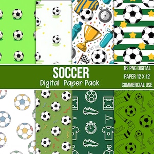 Puede incluir: Un paquete de papel digital con diseños temáticos de fútbol. Los diseños incluyen balones de fútbol, trofeos y equipamiento deportivo sobre varios fondos. Se muestra el texto "SOCCER Digital Paper Pack". El paquete incluye 16 papeles digitales PNG, 30,48 x 30,48 cm, para uso comercial.