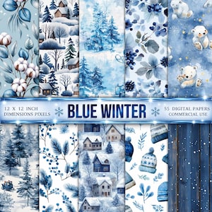 Pode incluir: Uma coleção de 55 papéis digitais intitulada BLUE WINTER, com padrões de 30,48 x 30,48 cm com temas de inverno em azul e branco, incluindo paisagens nevadas, casas, pinheiros, algodão, bagas, gorros de lã e ilustrações de ursos polares.