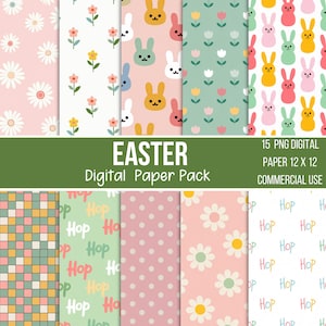Peut inclure: Ensemble de motifs de papiers numériques sur le thème de Pâques. Les motifs comprennent des lapins, des fleurs, des pois et le mot "Hop". La palette de couleurs comprend des roses, verts et jaunes pastel. Le texte "EASTER Digital Paper Pack" est affiché.