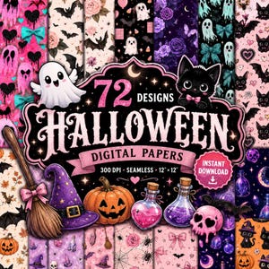 Peut inclure: Un ensemble de 72 papiers numériques d'Halloween avec des motifs sans couture de fantômes, chats noirs, citrouilles, chapeaux de sorcière, balais et potions. Le texte central indique 72 DESIGNS HALLOWEEN DIGITAL PAPERS 300 DPI SEAMLESS 12 x 12.