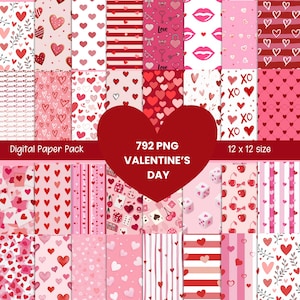 750+ Valentinstag Digitale Muster, Valentinstag Mega Bundle, Rot Rosa Herz Hintergrund, Rosenblüten, Liebe Digitale Papiere, Scrapbook