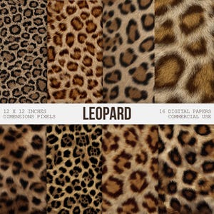 Puede incluir: Dieciséis papeles digitales con estampado de leopardo. Los papeles presentan varios patrones en tonos marrón, beige y negro. El texto de la imagen dice "LEOPARD" y "12 x 12 pulgadas dimensiones píxeles".