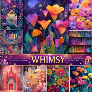 May include: A digital paper collection titled WHIMSY featuring 94 designs including vibrant floral patterns, glowing mushrooms, crystal formations, a library interior, a pink castle, and potion bottles in a rich palette of purple, orange, and pink.
