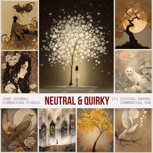 Puede incluir: Una colección de impresiones de arte digital con un tema neutro y peculiar. Las imágenes presentan ilustraciones de mujeres, árboles, animales y paisajes urbanos en una paleta de colores suaves y apagados. El texto en la imagen dice "Neutral & Quirky" y "115 Digital Papers Commercial Use."