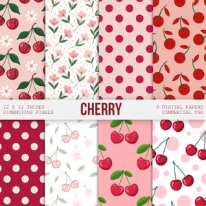 May include: Nine digital papers with cherry-themed patterns. The designs include cherries, polka dots, and floral arrangements in shades of red, pink, and white. The papers are 12 x 12 inches.