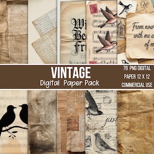 May include: A selection of vintage digital paper designs. The pack features aged paper textures, sheet music, handwritten notes, and bird illustrations. The text "VINTAGE Digital Paper Pack" is displayed. The pack contains 78 PNG digital papers, 30.48 x 30.48 cm, for commercial use.